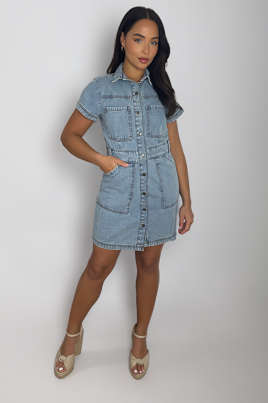 Buttoned Down Contrast Stitch Detail Denim Dress-SinglePrice