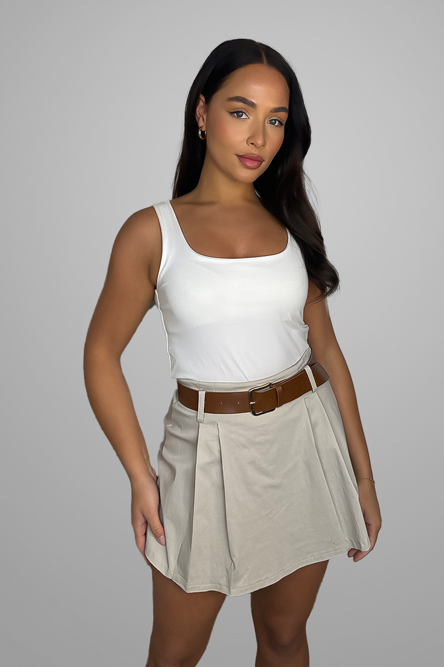 High Waisted Stretchy Belted Pleated Skort