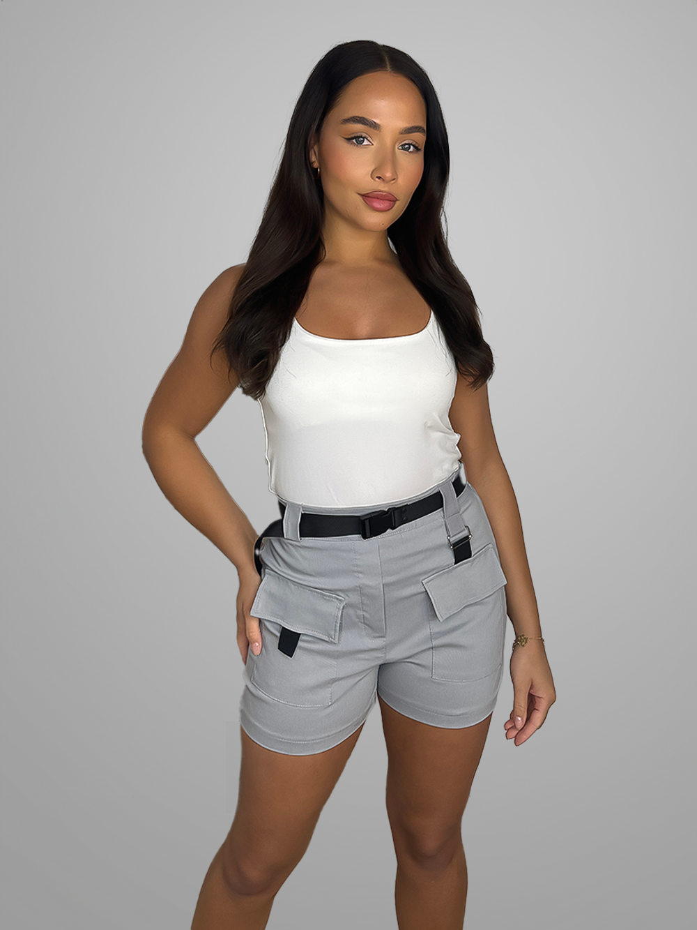 Stretchy Belted High Waisted Cargo Pocket Shorts-SinglePrice