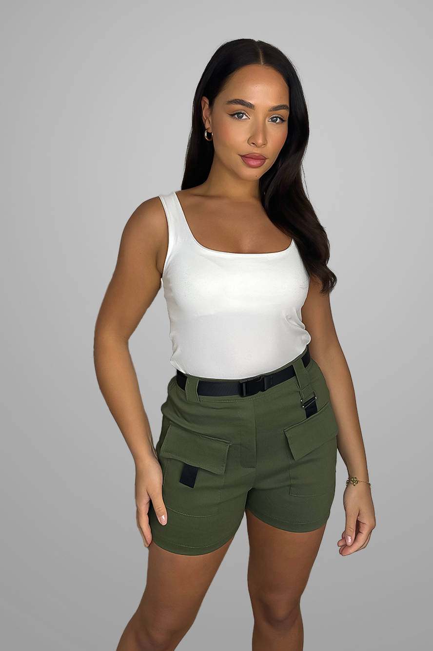 Wholesale Women's Stretchy Belted High Waisted Cargo Pocket Shorts (PACK OF 5)