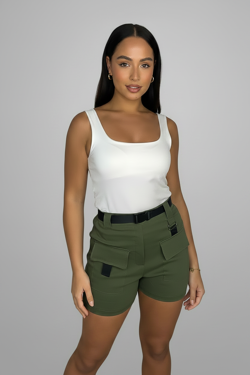 Wholesale Women's Stretchy Belted High Waisted Cargo Pocket Shorts (PACK OF 5)
