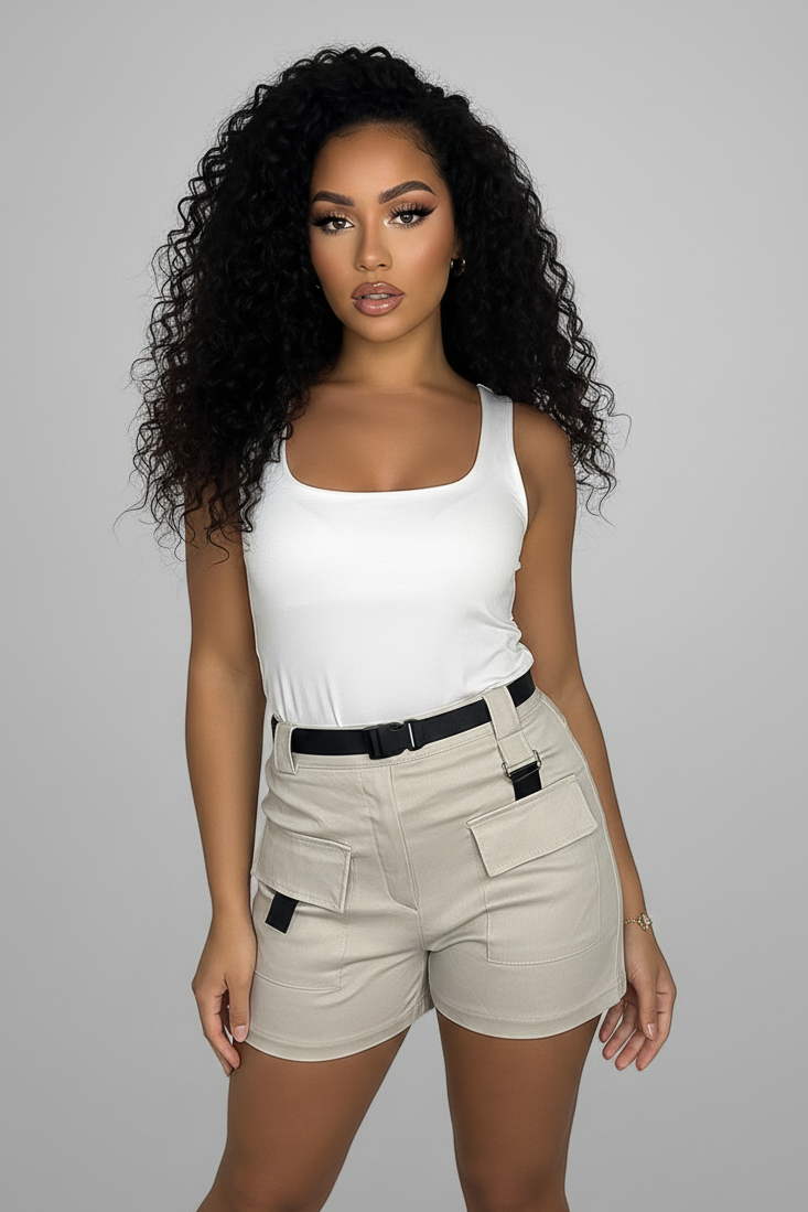 Stretchy Belted High Waisted Cargo Pocket Shorts