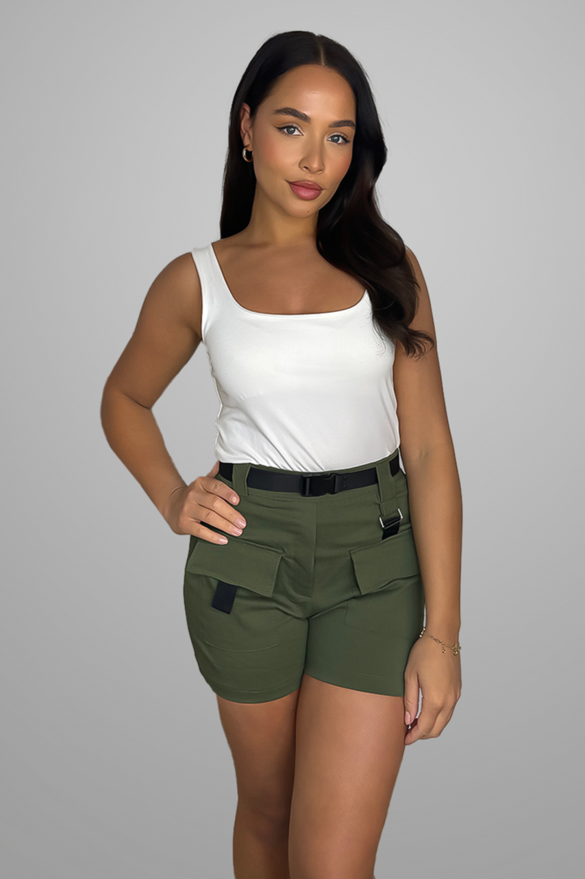 Wholesale Women's Stretchy Belted High Waisted Cargo Pocket Shorts (PACK OF 5)