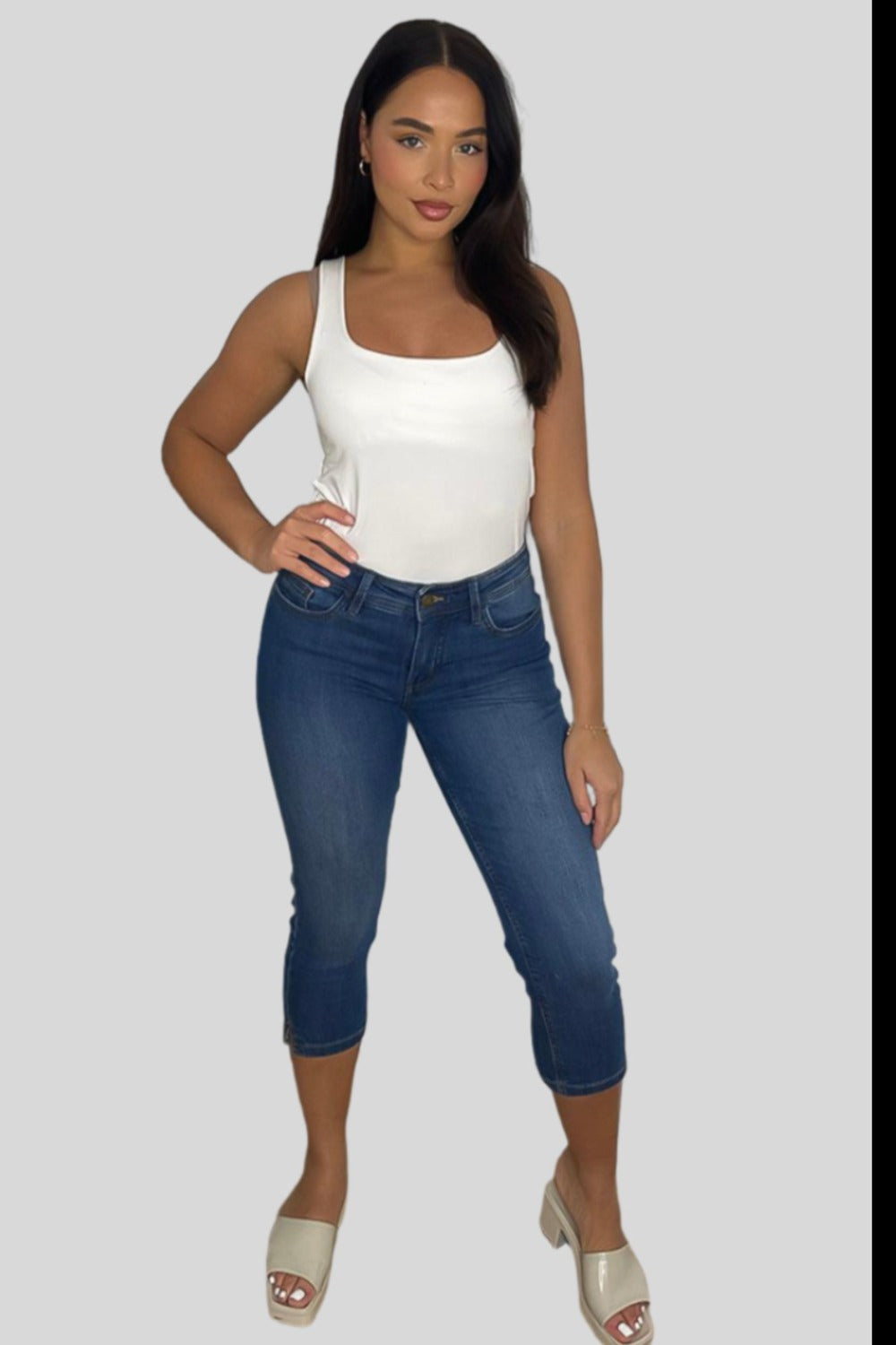 Cropped Denim Skinny Midi Shorts-SinglePrice