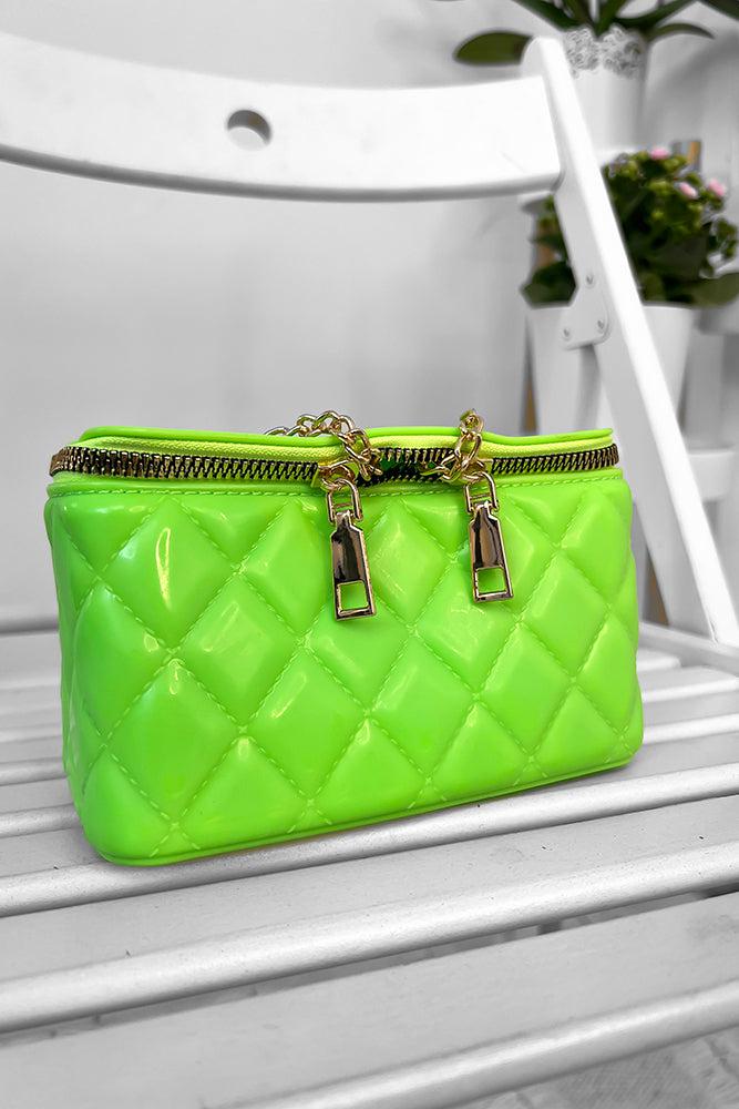 Gold Chain Strap Zip Top Quilted Box Handbag-SinglePrice