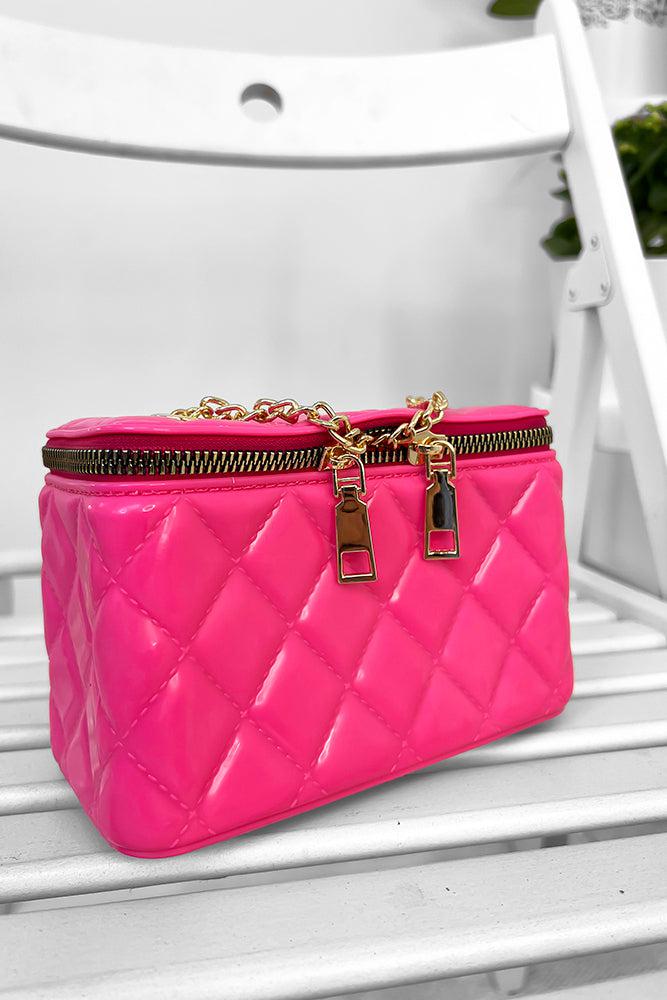 Gold Chain Strap Zip Top Quilted Box Handbag-SinglePrice