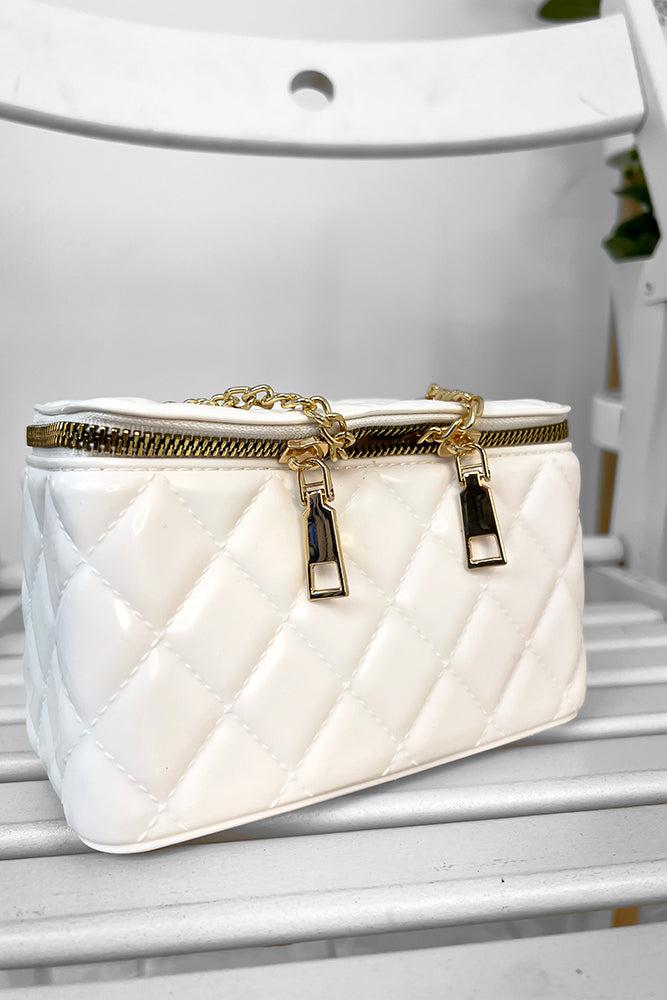 Gold Chain Strap Zip Top Quilted Box Handbag-SinglePrice