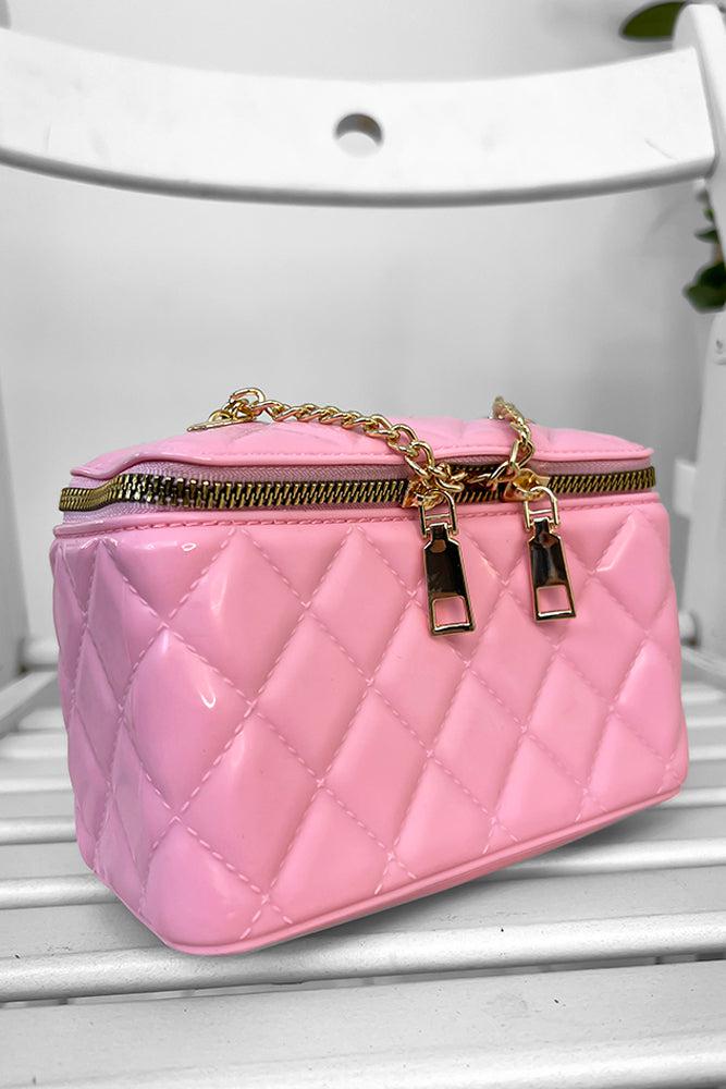 Gold Chain Strap Zip Top Quilted Box Handbag-SinglePrice
