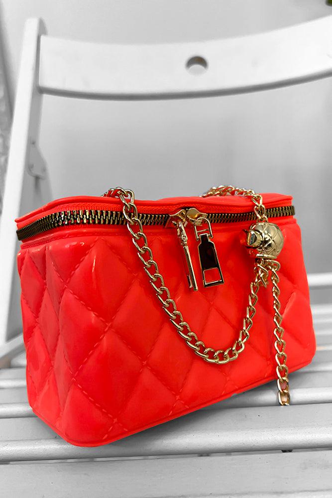 Gold Chain Strap Zip Top Quilted Box Handbag-SinglePrice
