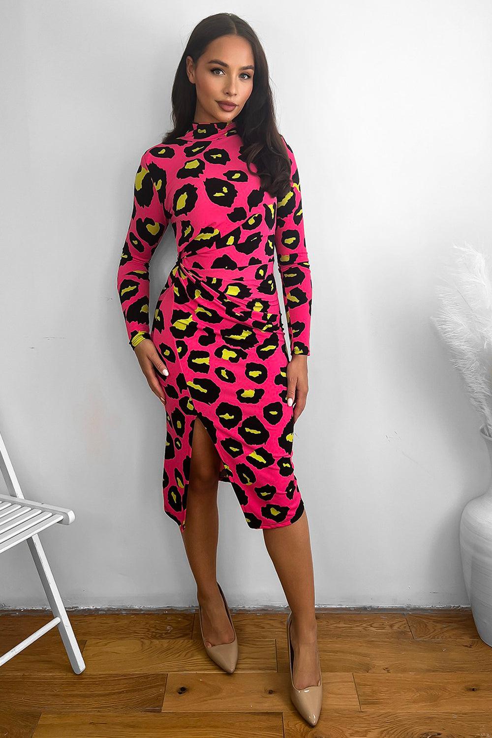 Neon Leopard Print High Neck Midi Dress-SinglePrice