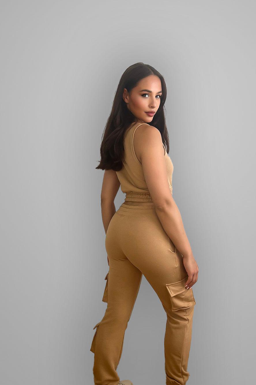 Crop Top And Waist Tie Side Pockets Cargo Pants Set-SinglePrice