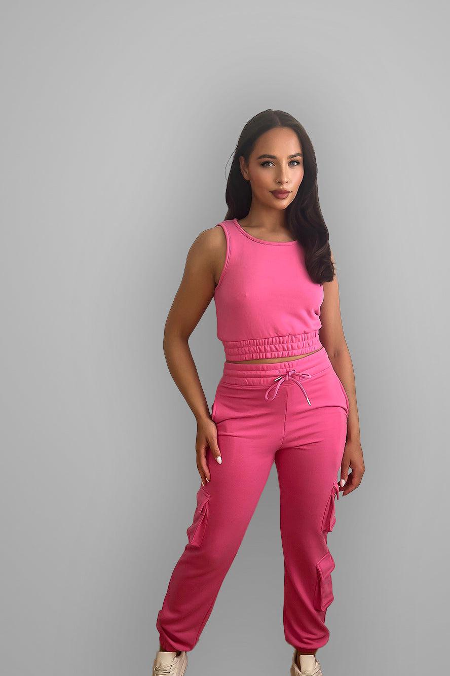 Crop Top And Waist Tie Side Pockets Cargo Pants Set-SinglePrice