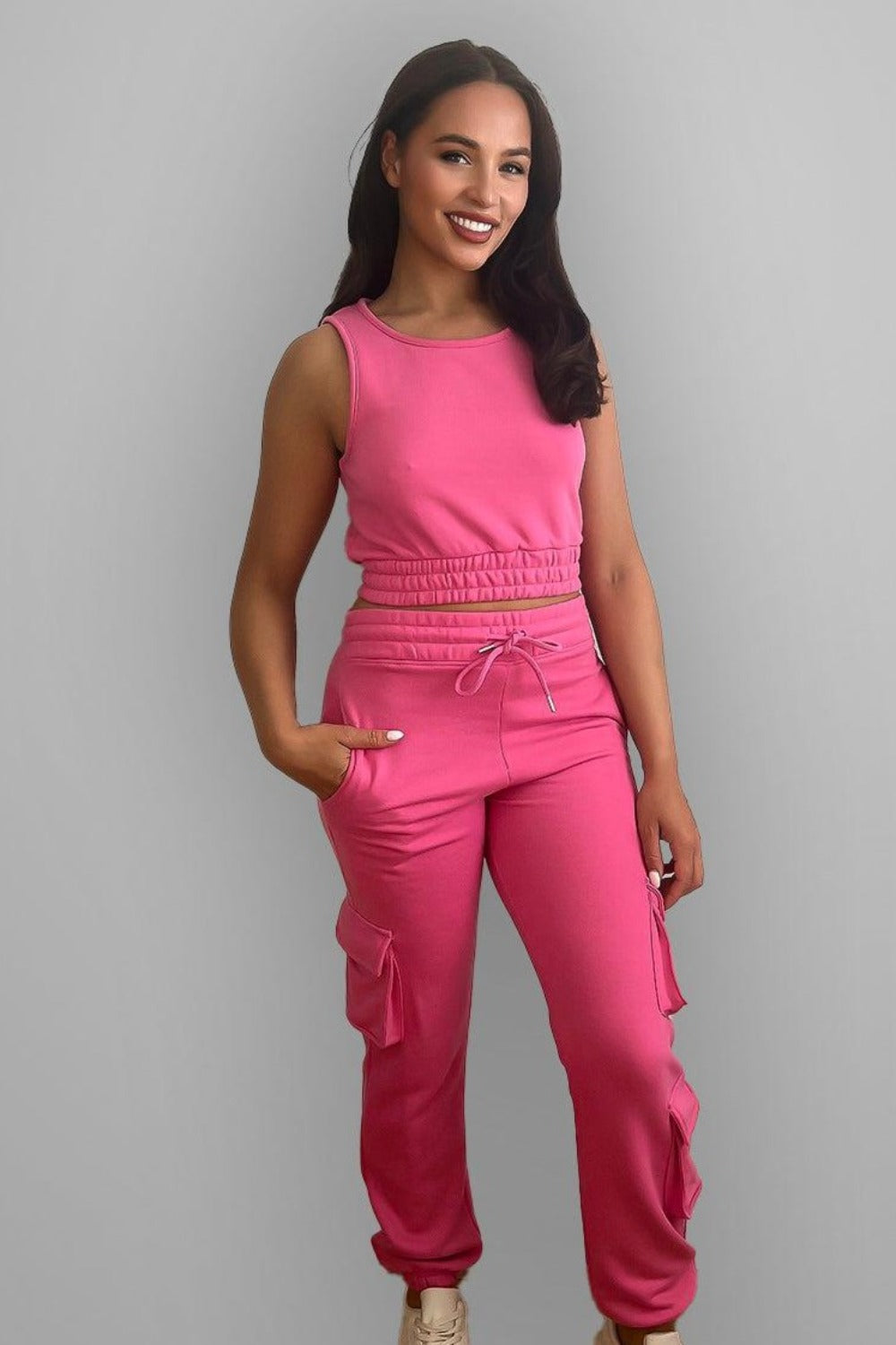 Crop Top And Waist Tie Side Pockets Cargo Pants Set-SinglePrice