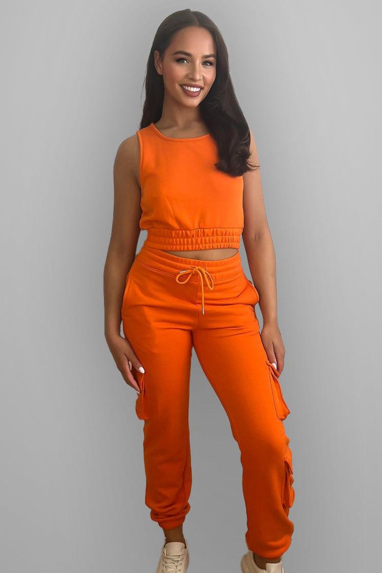 Crop Top And Waist Tie Side Pockets Cargo Pants Set-SinglePrice