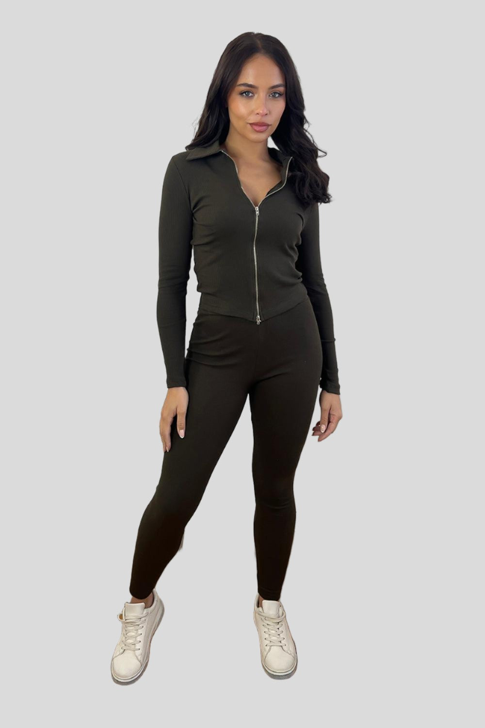 Exposed Zip Front Two Piece Set-SinglePrice