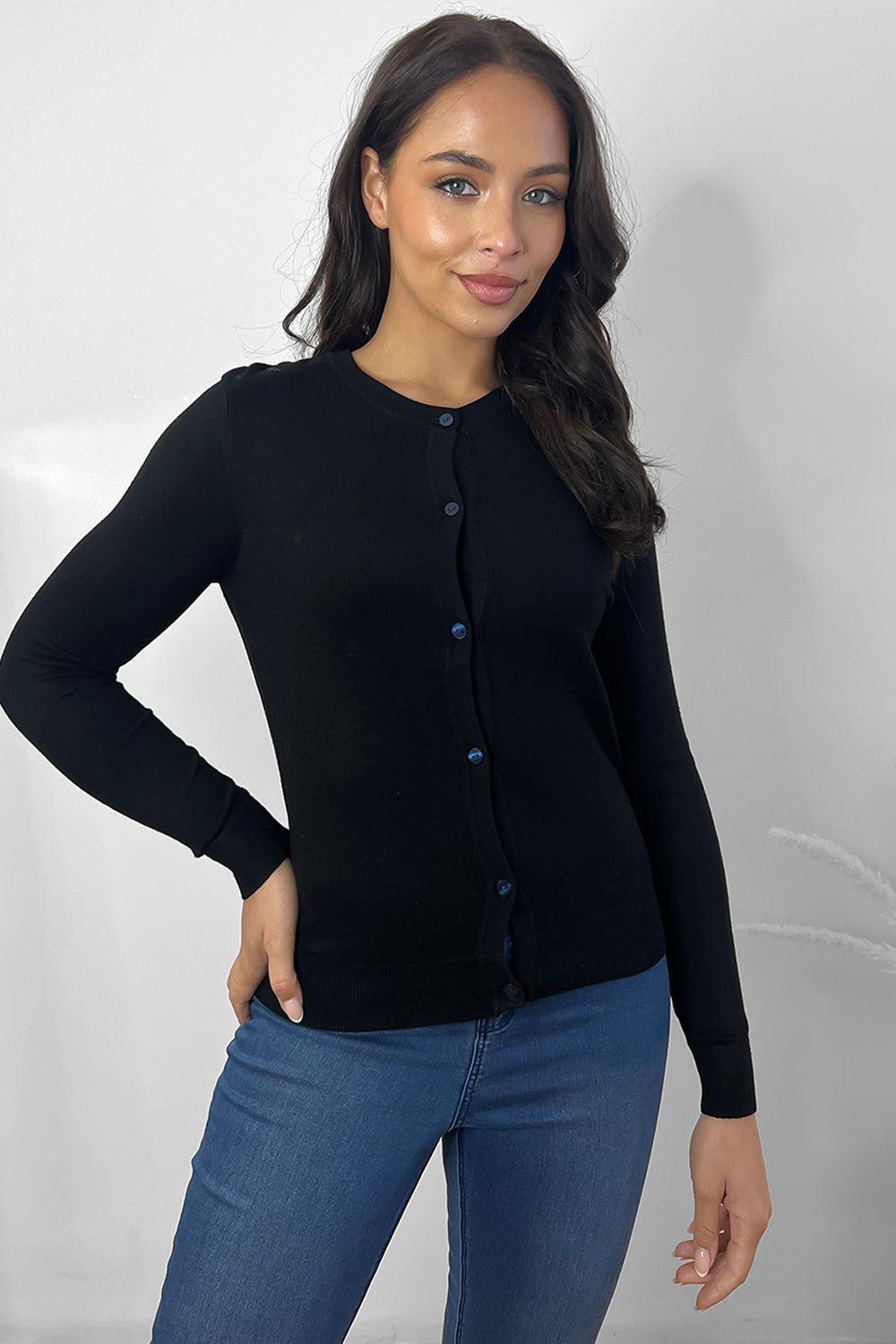 Black Buttoned Front Round Neck Cardigan-SinglePrice