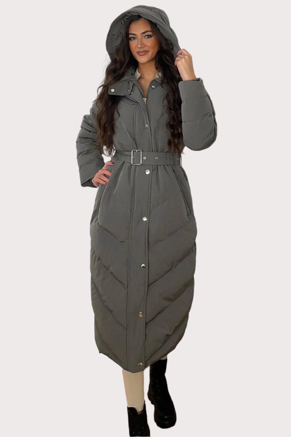 Drawstring Hood Belted Midi Puffer Jacket-SinglePrice