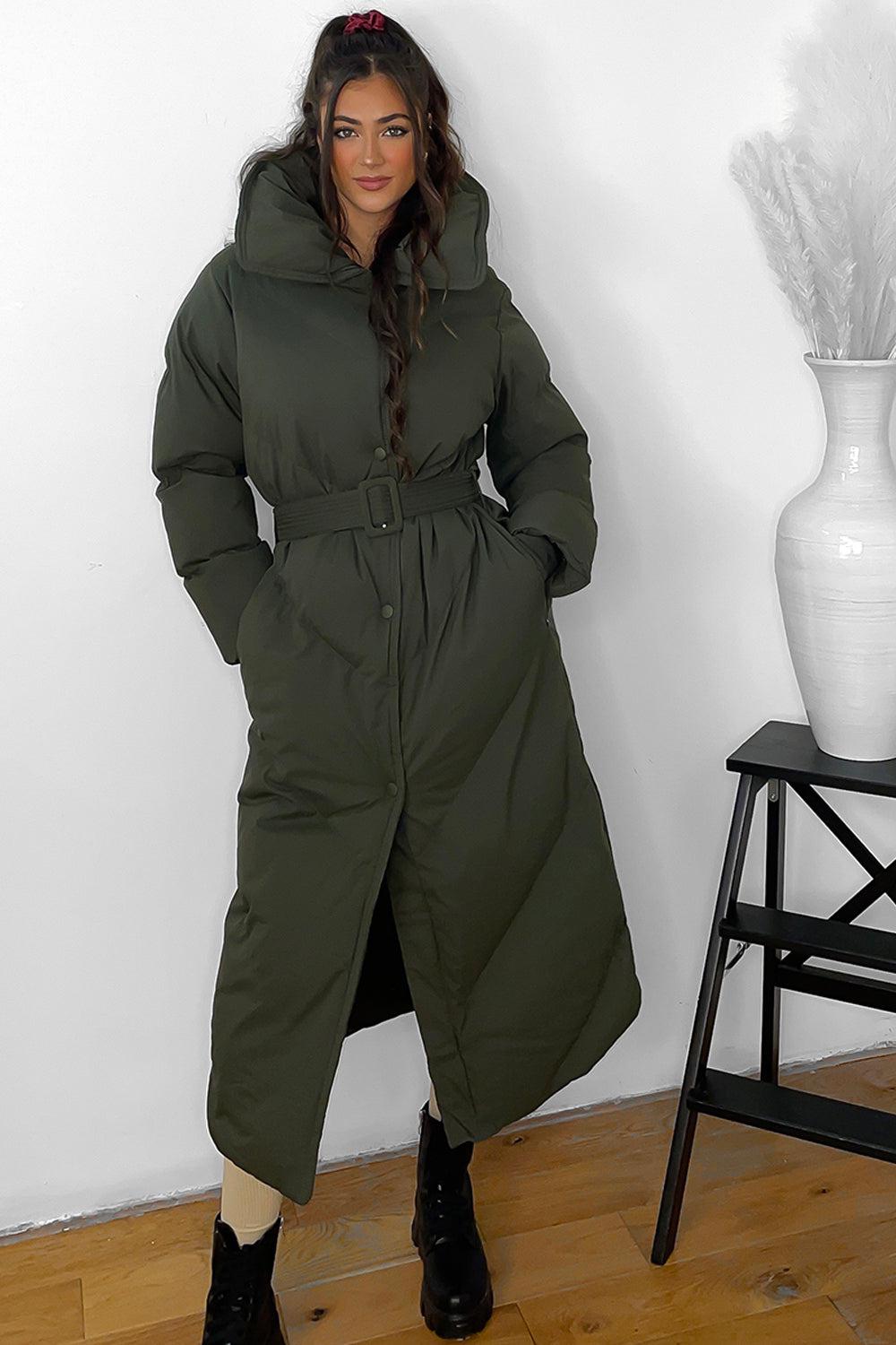 High Neck Belted Midi Puffer Jacket-SinglePrice
