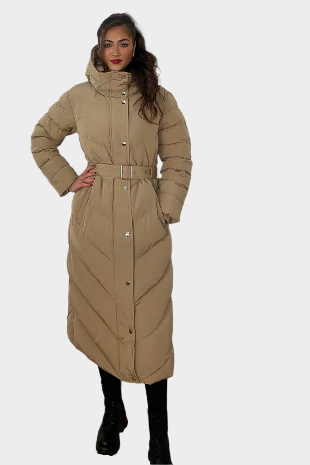 Drawstring Hood Belted Midi Puffer Jacket-SinglePrice