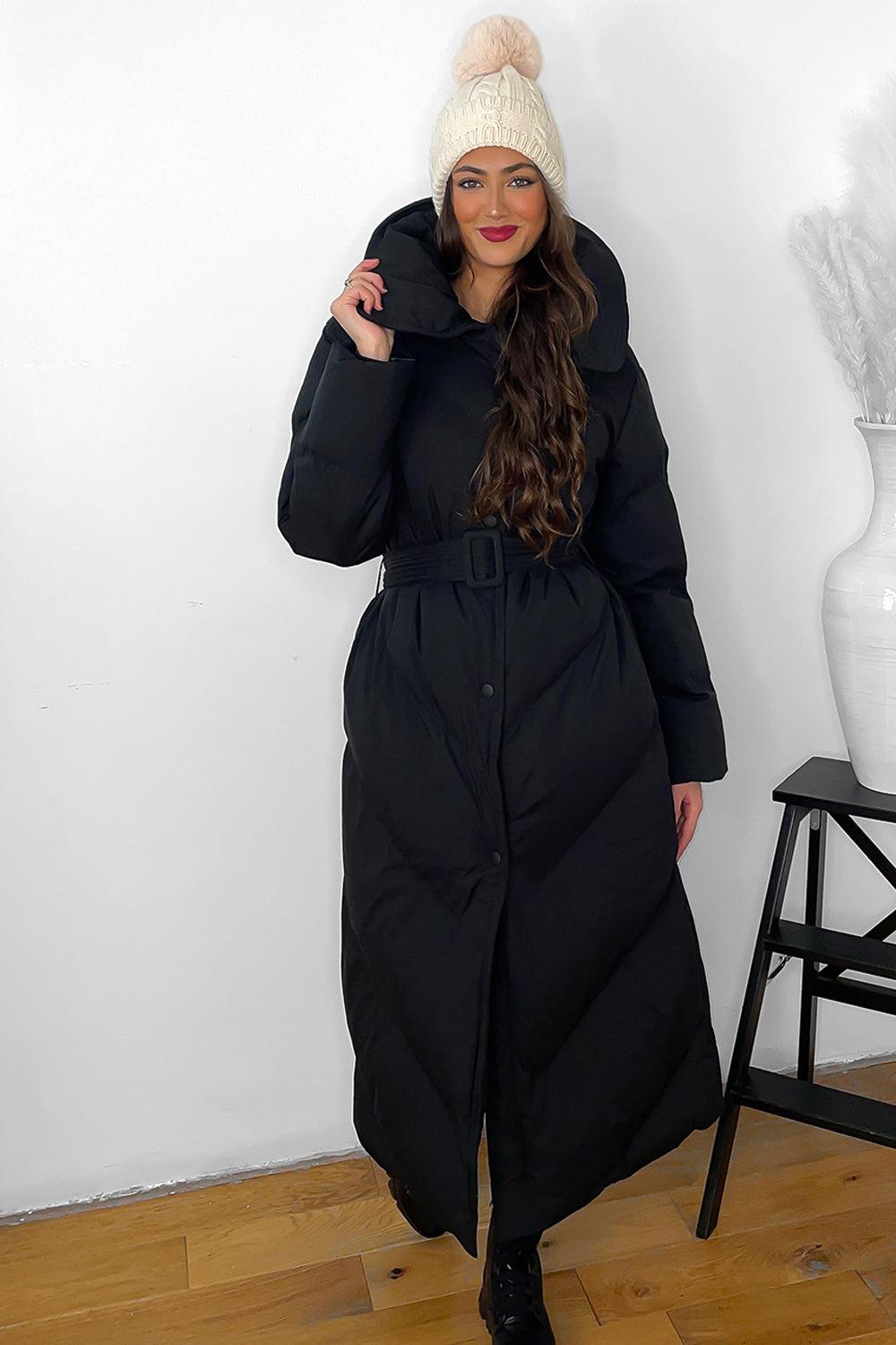 Drawstring Hood Belted Midi Puffer Jacket-SinglePrice