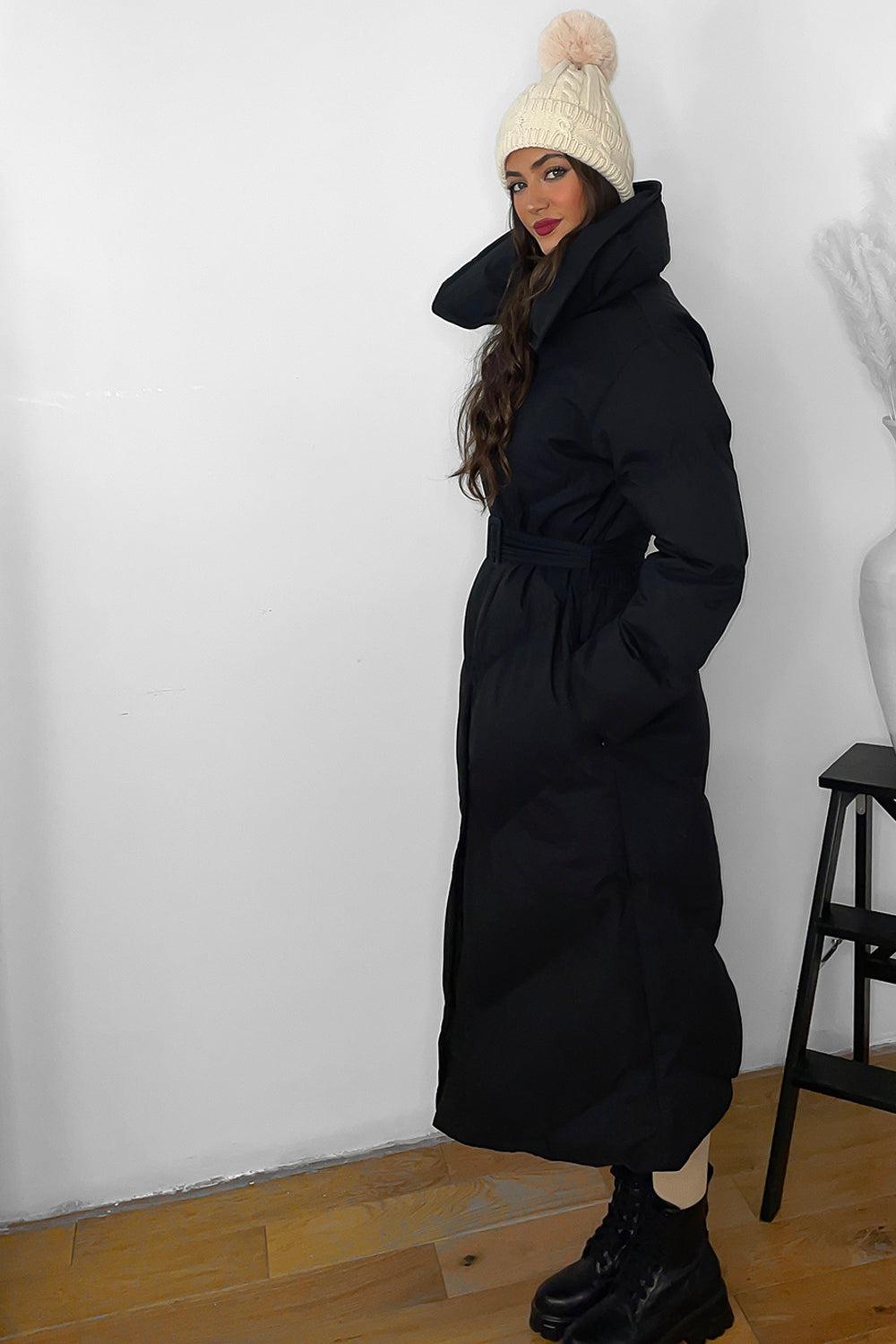 Drawstring Hood Belted Midi Puffer Jacket-SinglePrice