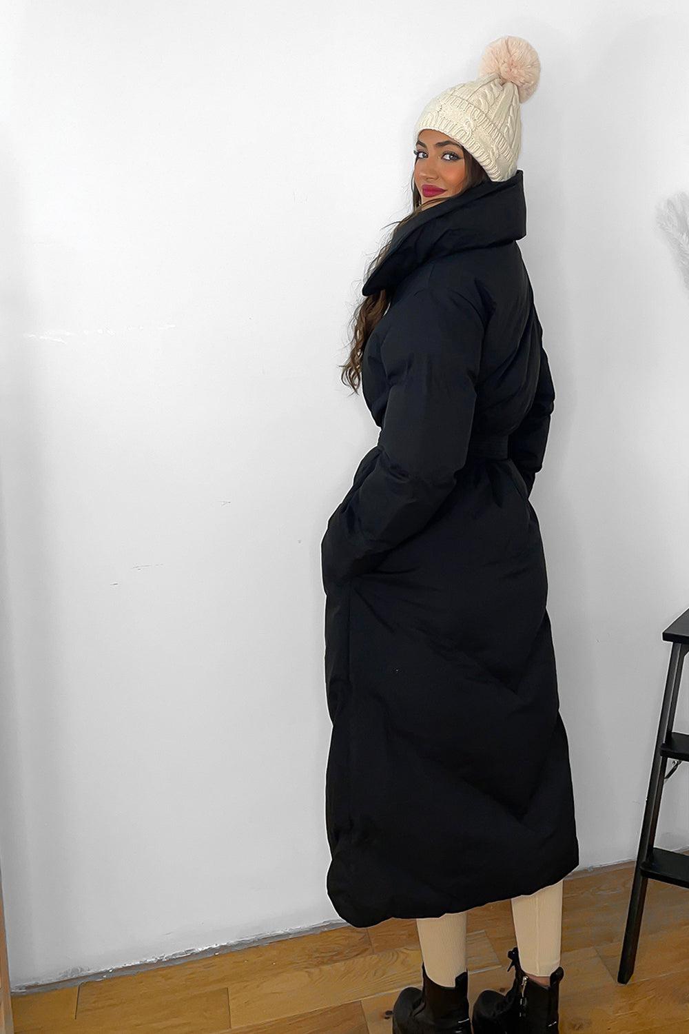 Drawstring Hood Belted Midi Puffer Jacket-SinglePrice