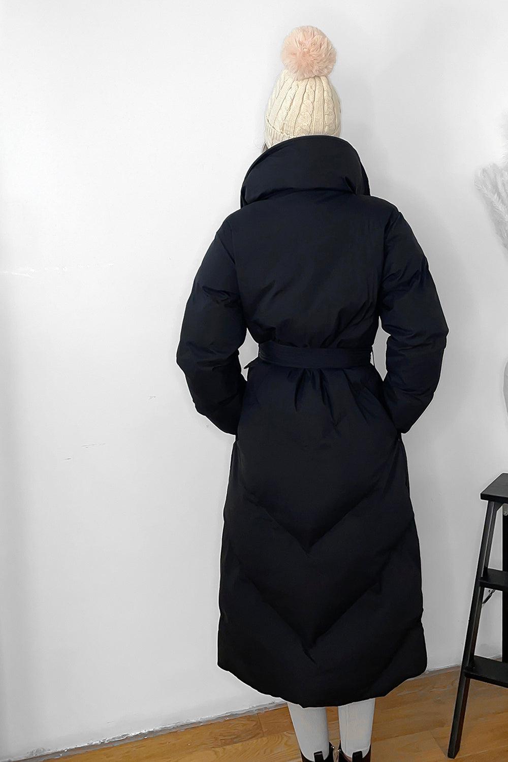 Drawstring Hood Belted Midi Puffer Jacket-SinglePrice