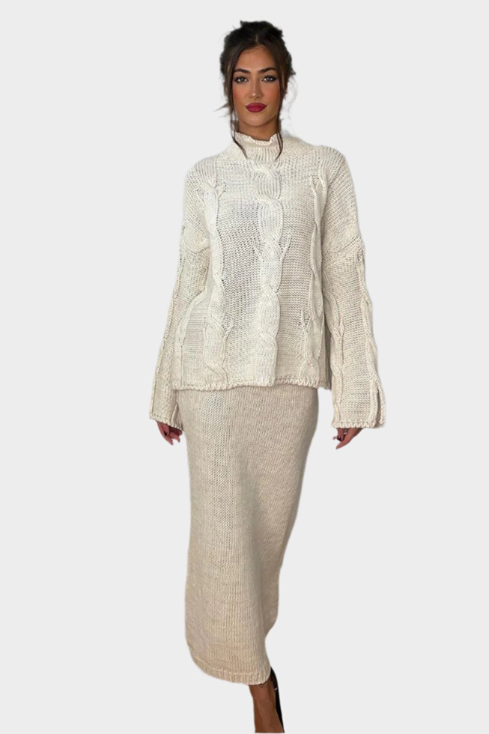 High Neck Braid Knit Pullover And Midi Skirt Set-SinglePrice