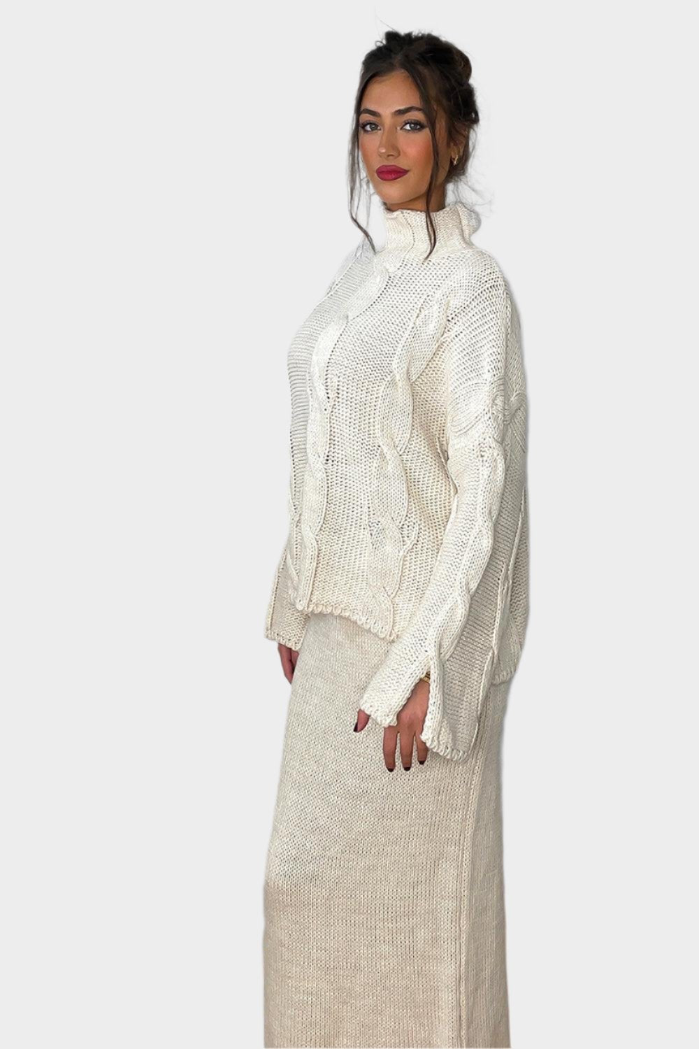 High Neck Braid Knit Pullover And Midi Skirt Set-SinglePrice