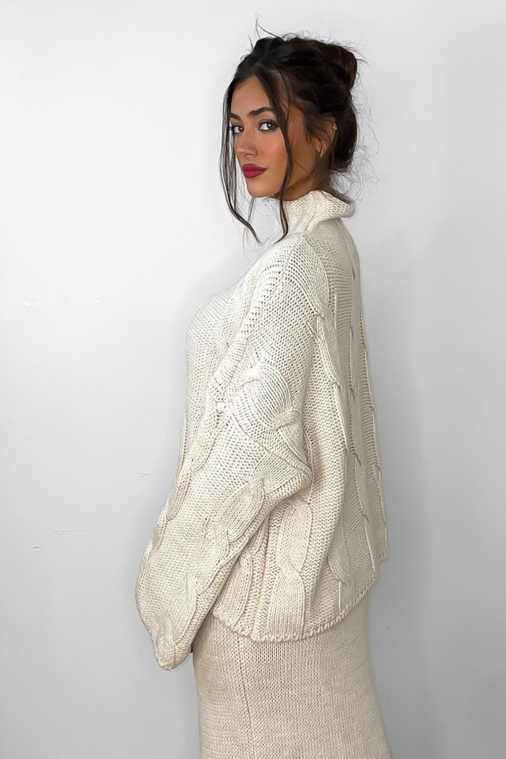 High Neck Braid Knit Pullover And Midi Skirt Set-SinglePrice