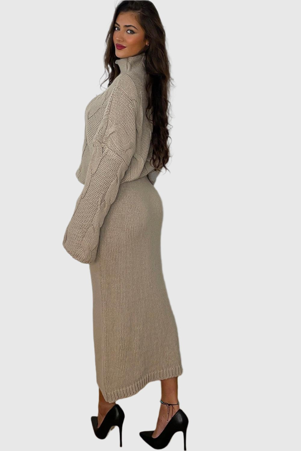 High Neck Braid Knit Pullover And Midi Skirt Set-SinglePrice