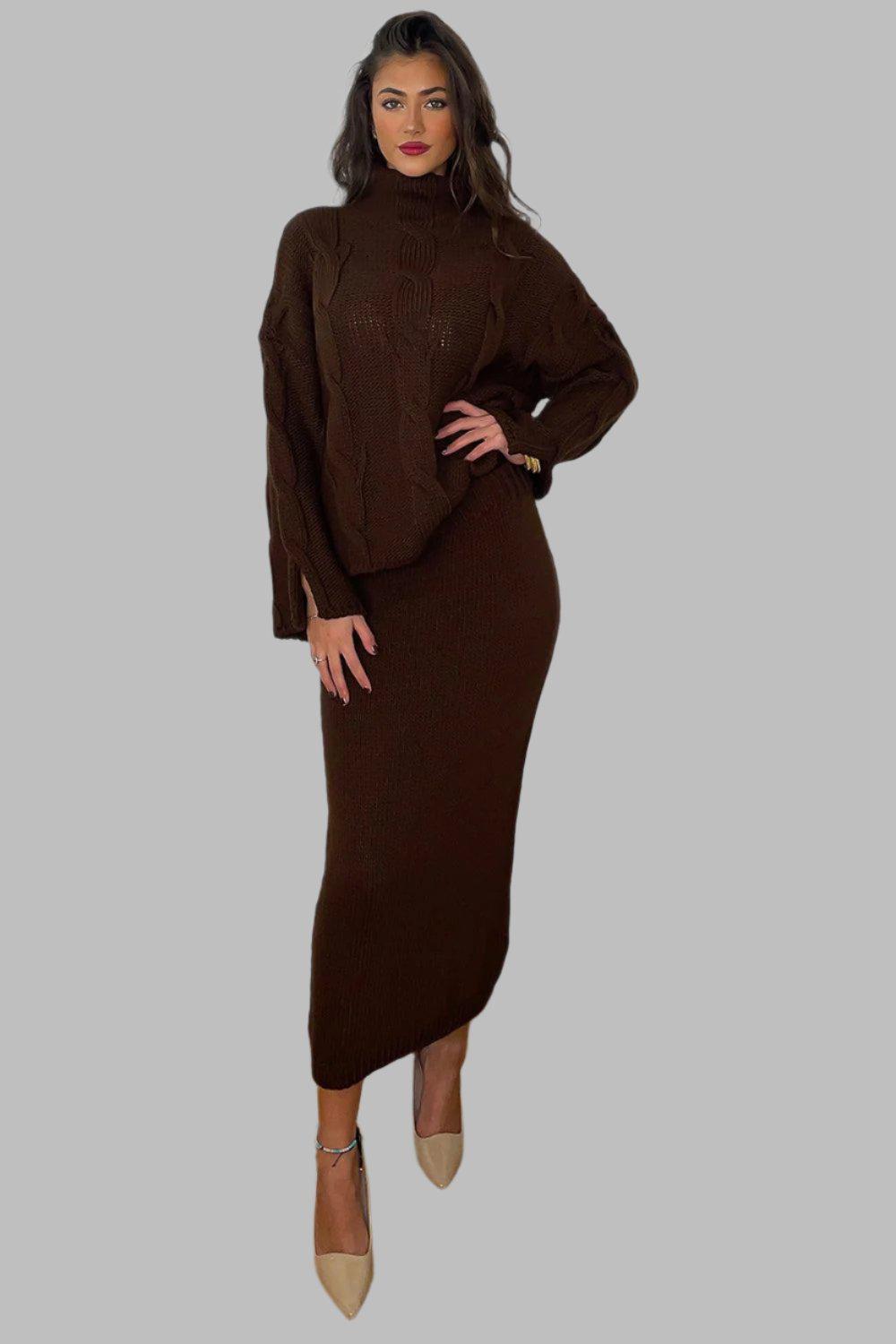 High Neck Braid Knit Pullover And Midi Skirt Set-SinglePrice