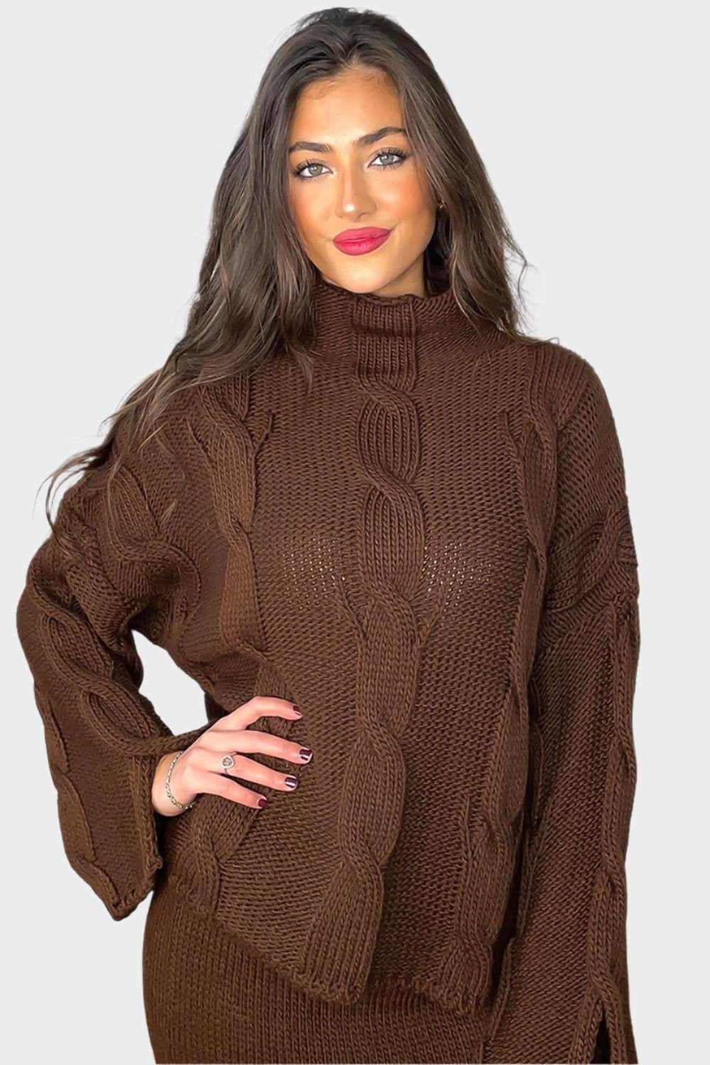 High Neck Braid Knit Pullover And Midi Skirt Set-SinglePrice