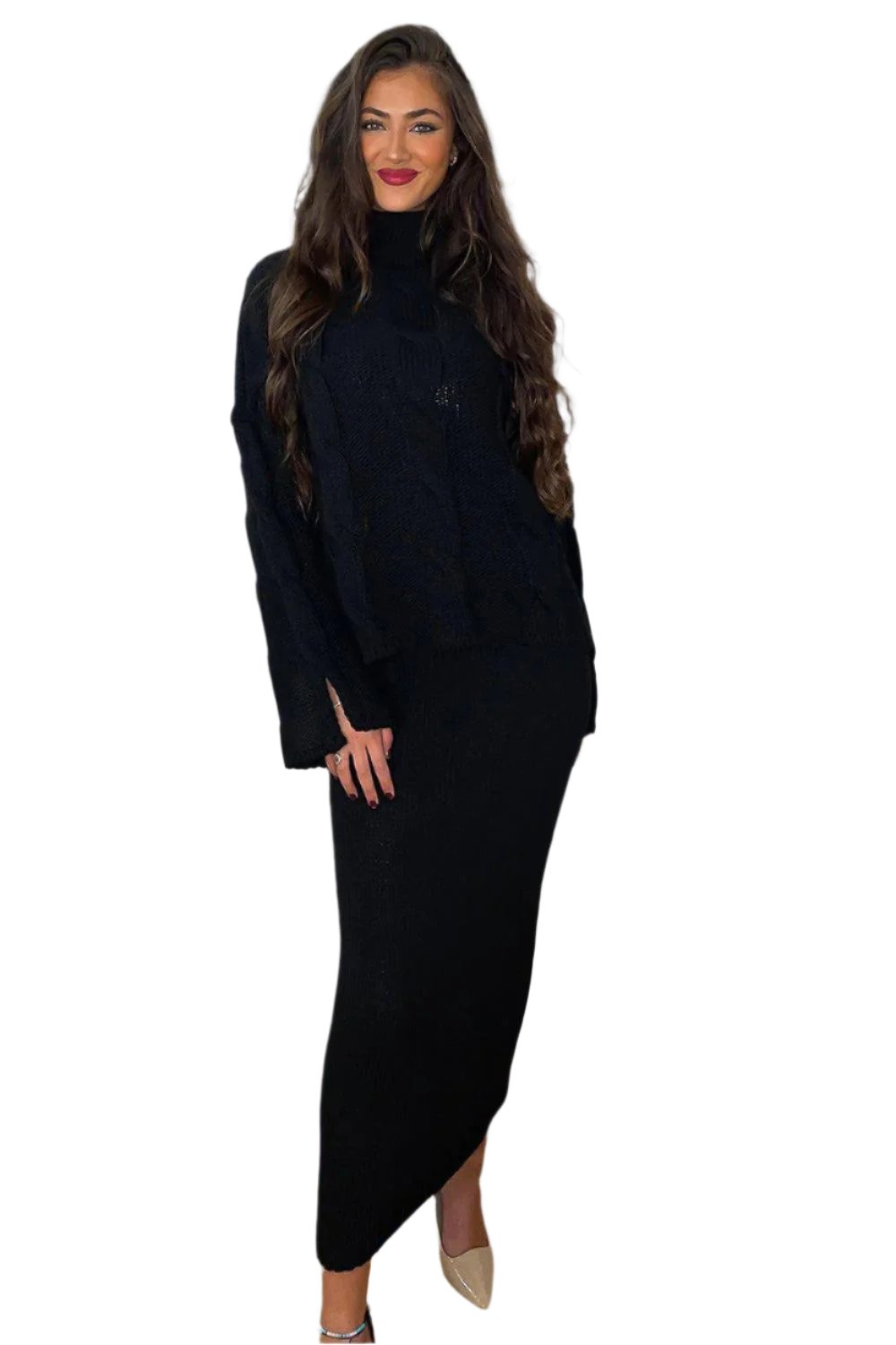 High Neck Braid Knit Pullover And Midi Skirt Set-SinglePrice