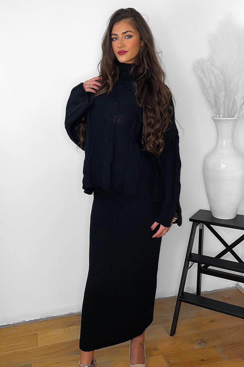 High Neck Braid Knit Pullover And Midi Skirt Set-SinglePrice