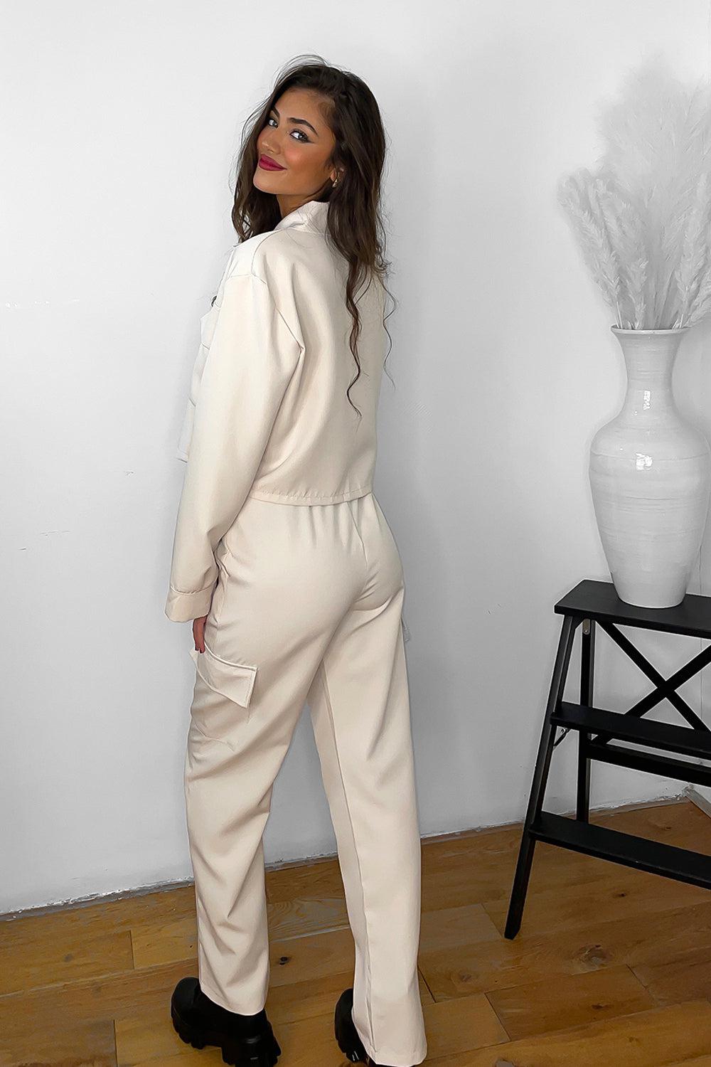 Large Pockets Propped Jacket And Utility Trousers Set-SinglePrice