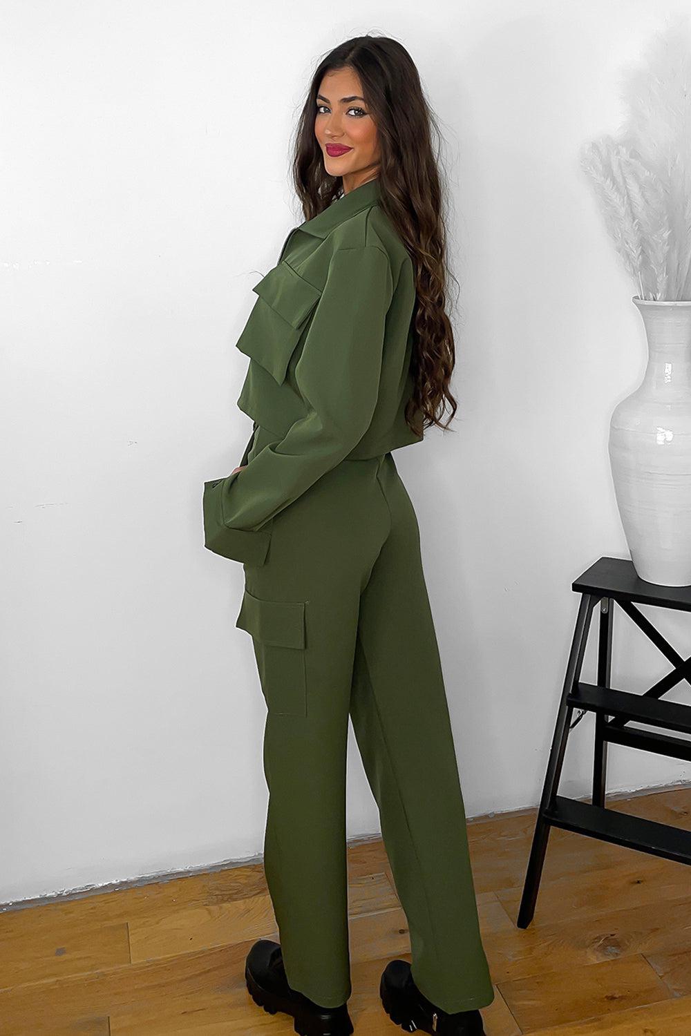 Large Pockets Propped Jacket And Utility Trousers Set-SinglePrice