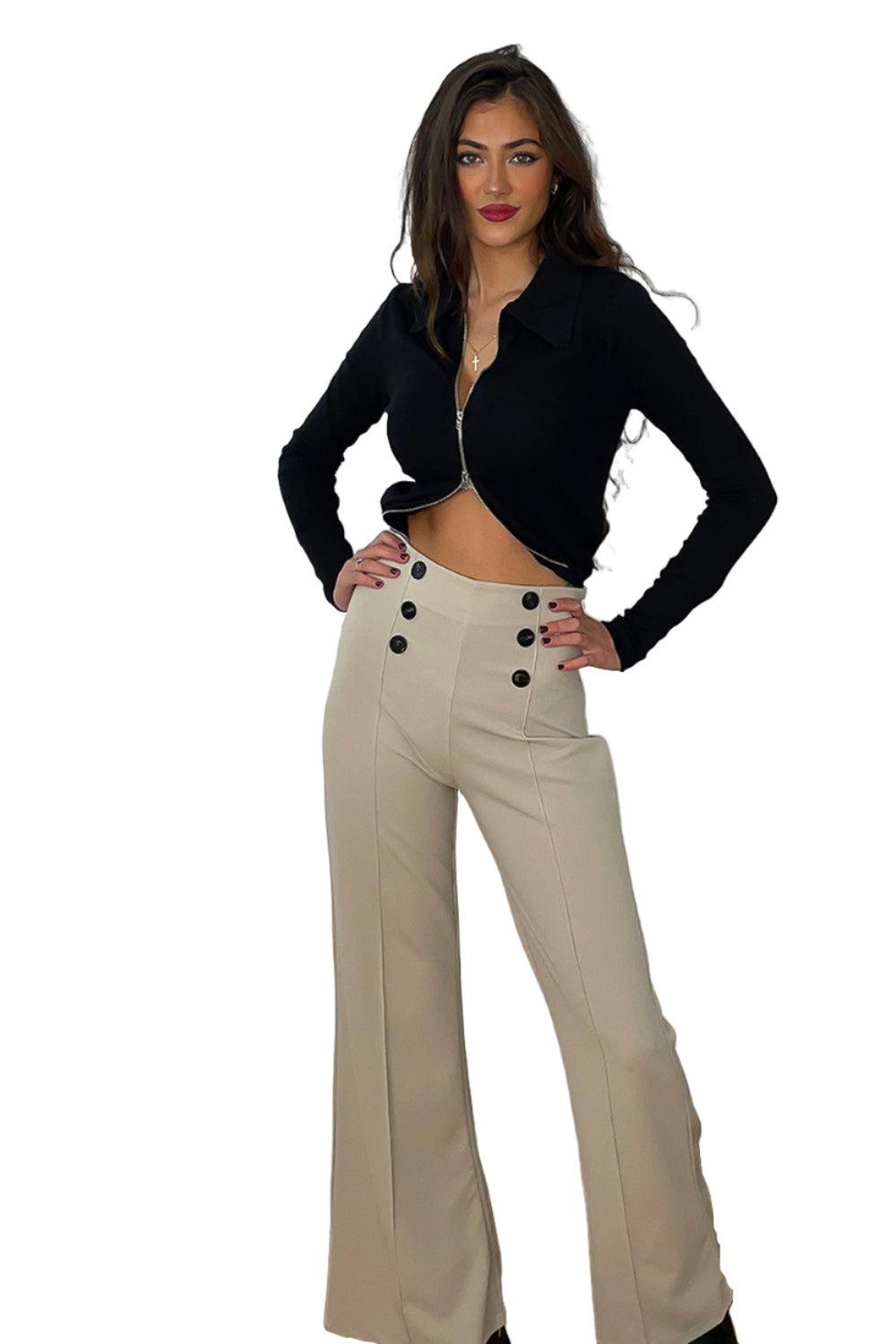 Double Breasted Buttons Details High Waist Trousers-SinglePrice