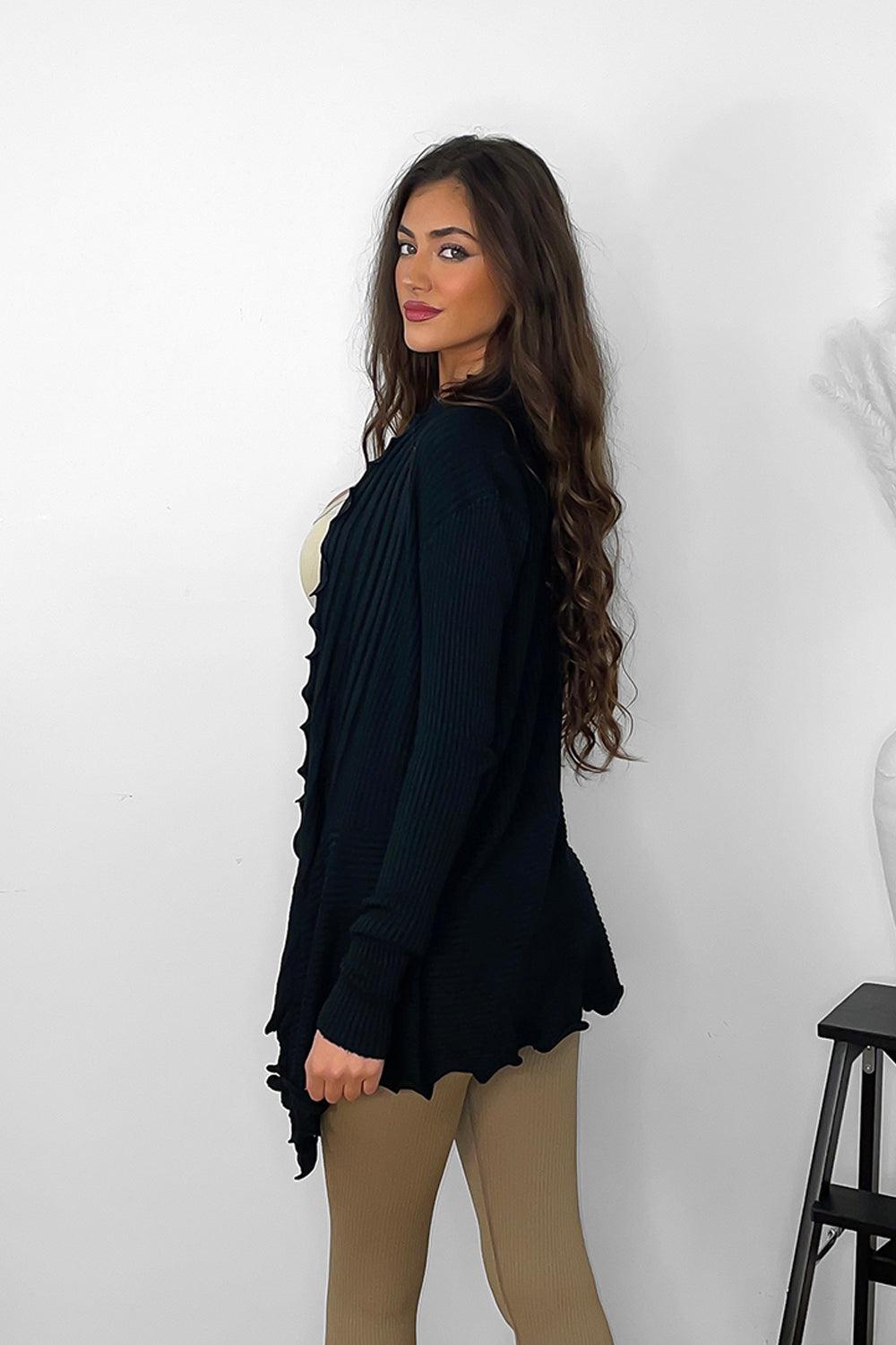 Black Frilled Trim Open Front Cardigan-SinglePrice