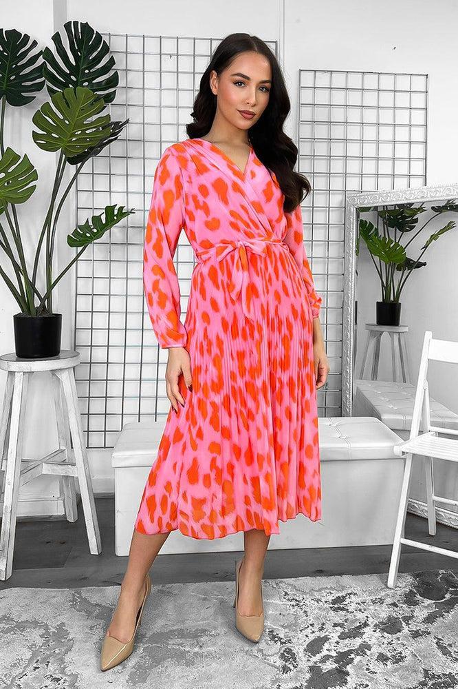 Pink Orange Print Pleated Chiffon Midi Dress-SinglePrice