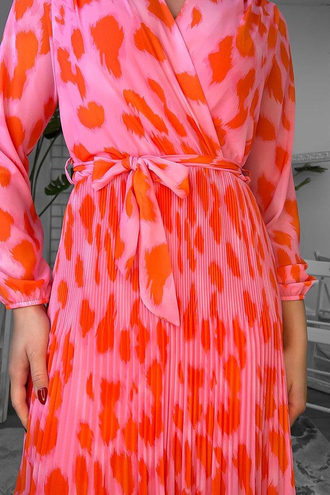 Pink Orange Print Pleated Chiffon Midi Dress-SinglePrice