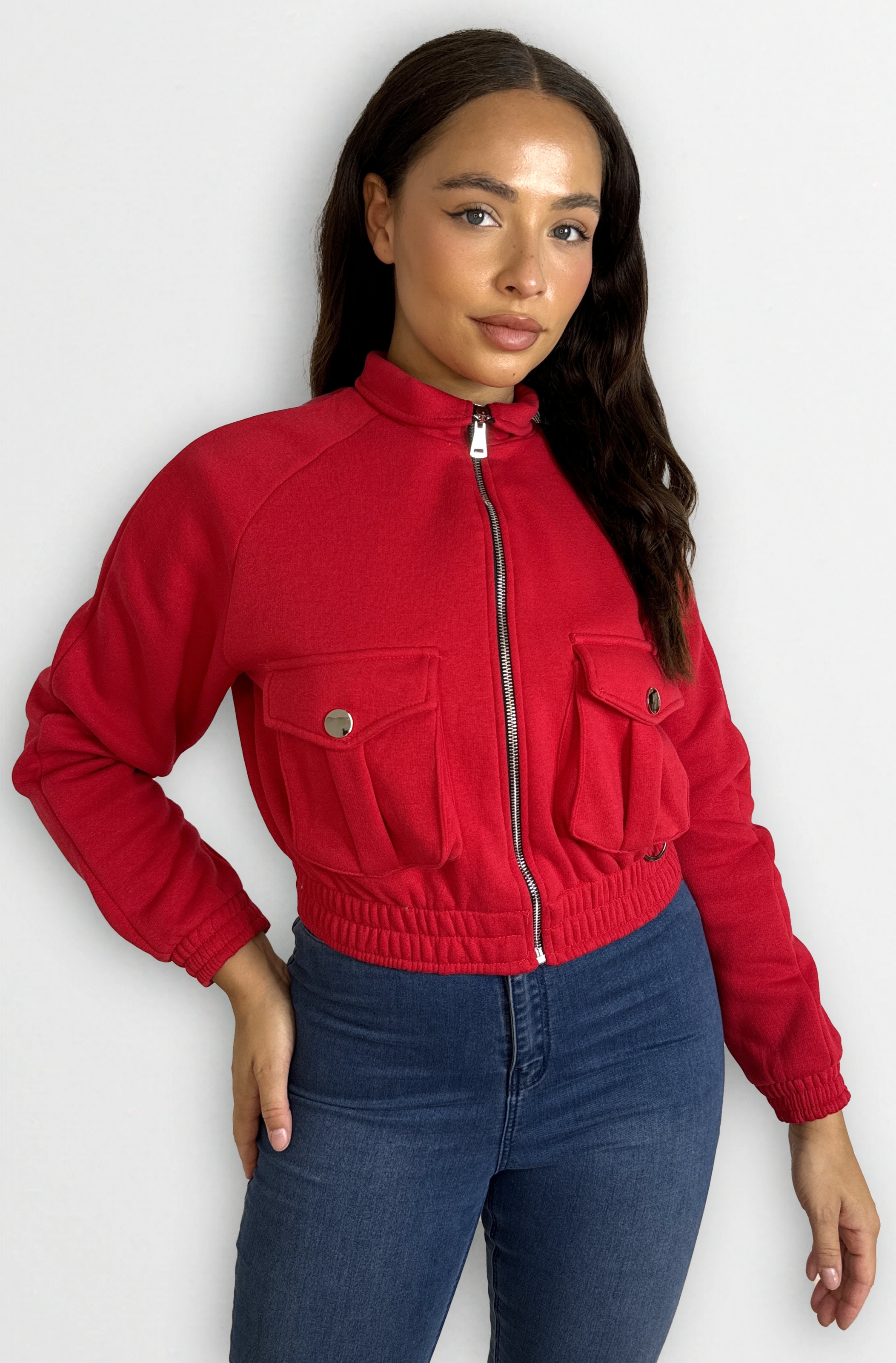 Fleeced High Neck Large Pocket Cropped Bomber Jacket-SinglePrice