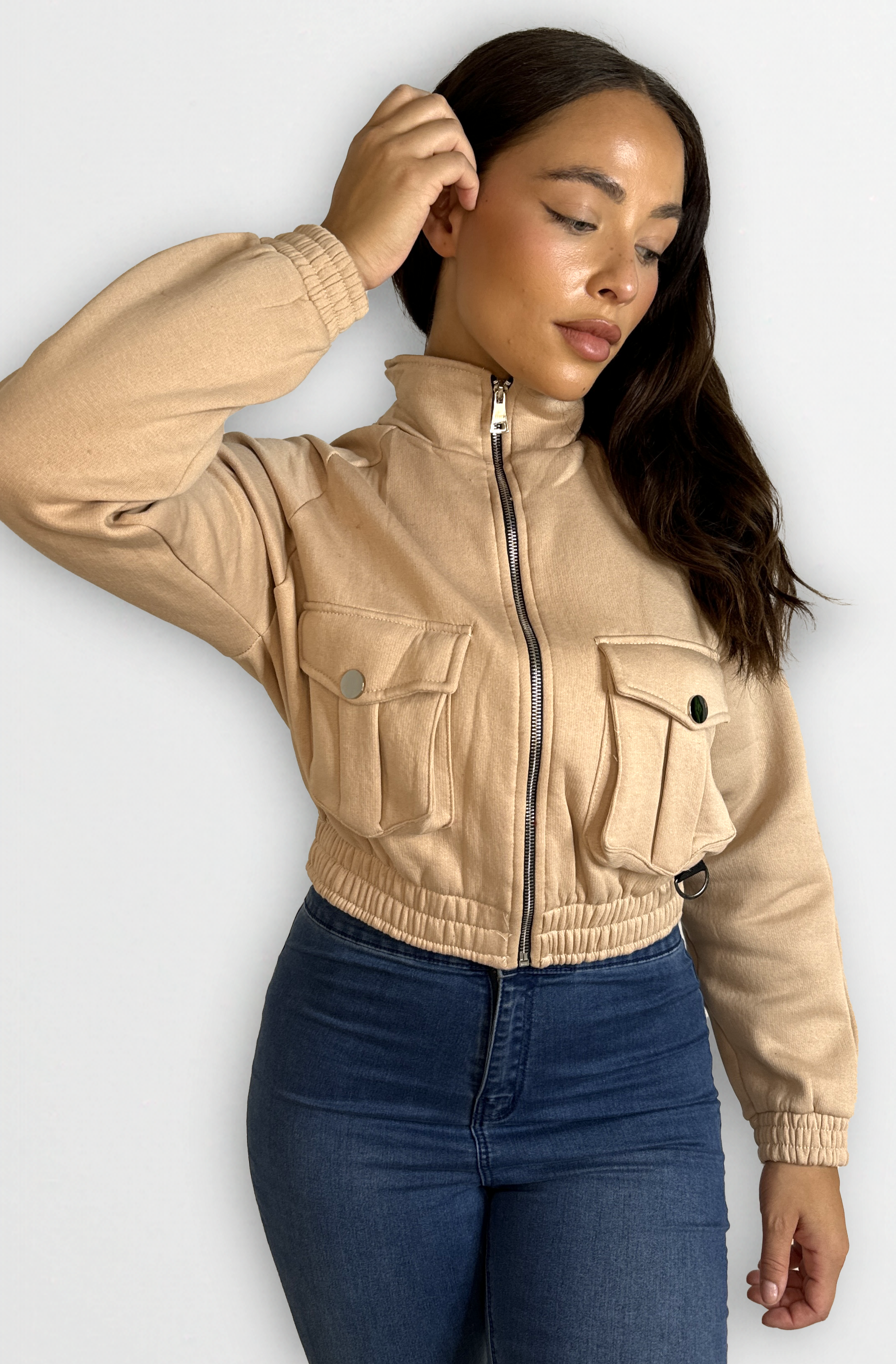 Fleeced High Neck Large Pocket Cropped Bomber Jacket-SinglePrice