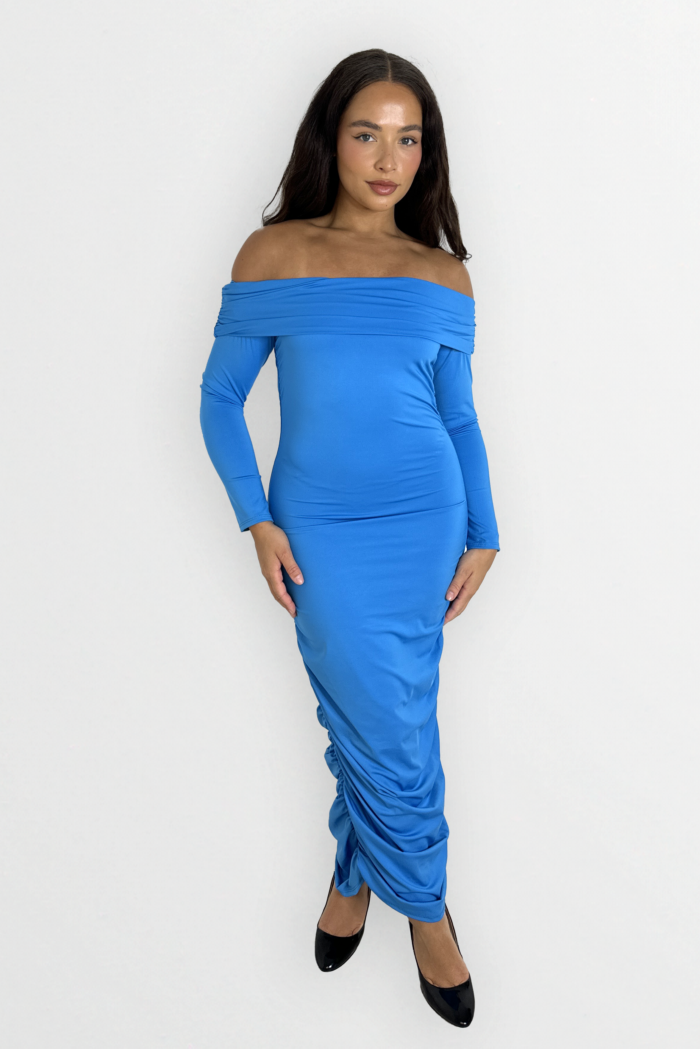 Long Sleeve Off The Shoulder Ruched Slinky Stretchy Long Dress-SinglePrice