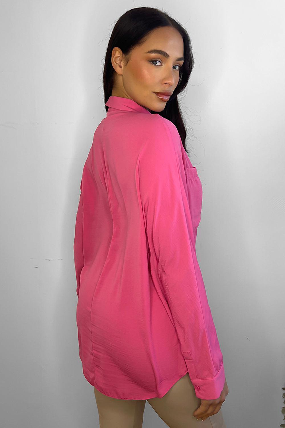 Hot Pink Crepe Open Chest Pockets Shirt-SinglePrice