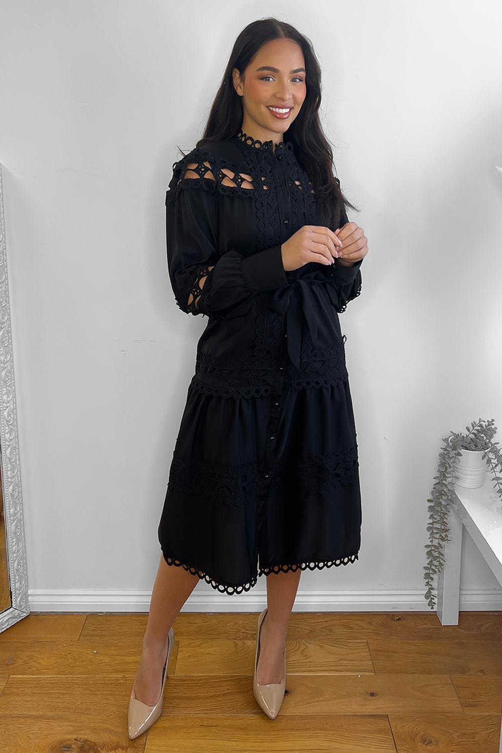 Crochet Lace Waist Tie Midi Dress-SinglePrice