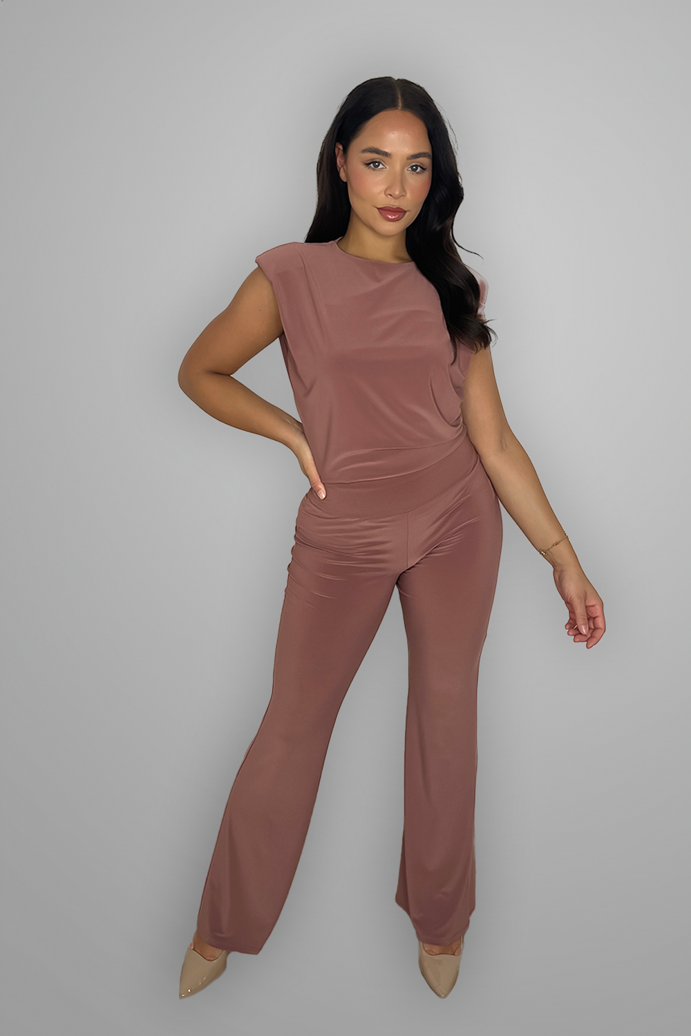 Padded Shoulder Straight Leg Stretchy Loungewear Set-SinglePrice