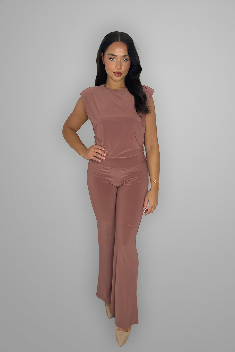 Padded Shoulder Straight Leg Stretchy Loungewear Set-SinglePrice