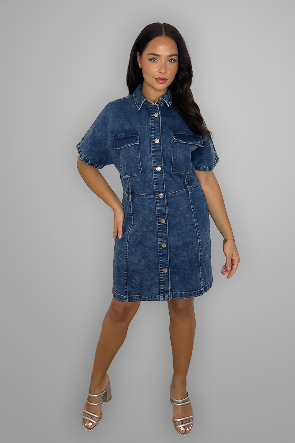 Button Down Short Sleeve Denim Midi Dress