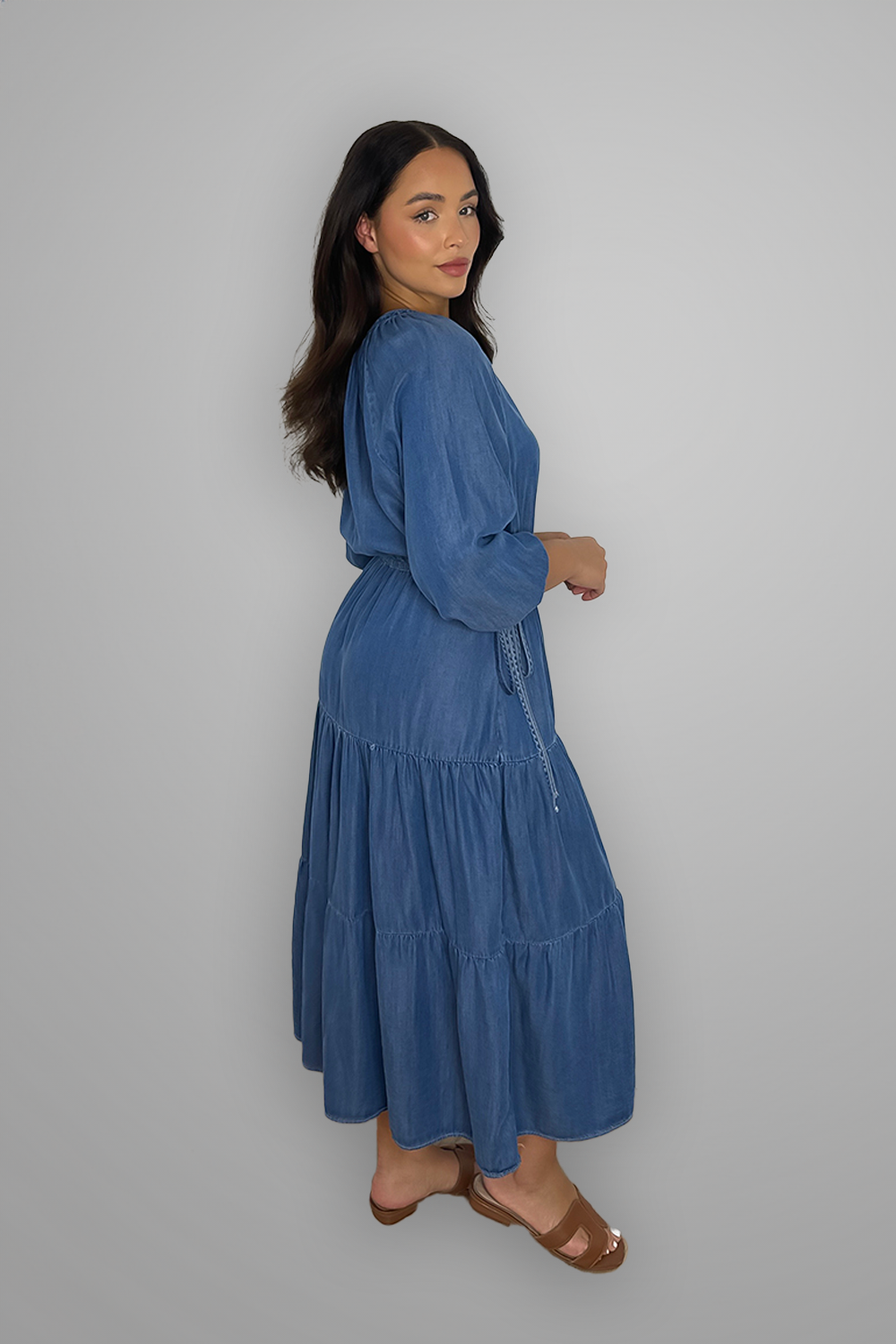 Denim Blue Button Down Tiered Maxi Dress-SinglePrice